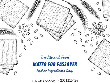 Matzo cooking and ingredients for matzo, sketch illustration. Middle eastern cuisine frame. Traditional passover food, design elements. Hand drawn, menu and package design. Jewish food.