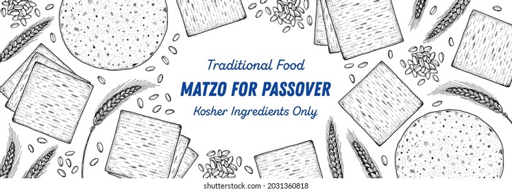 Matzo cooking and ingredients for matzo, sketch illustration. Middle eastern cuisine frame. Traditional passover food, design elements. Hand drawn, menu and package design. Jewish food.