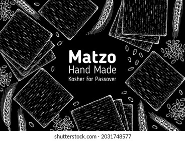 Matzo cooking and ingredients for matzo, sketch illustration. Middle eastern cuisine frame. Traditional passover food, design elements. Hand drawn, menu and package design. Jewish food.