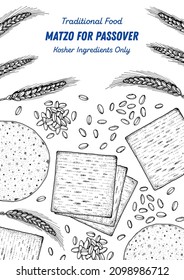 Matzo cooking and ingredients for matzo, sketch illustration. Middle eastern cuisine frame. Traditional passover food, design elements. Hand drawn, menu and package design. Jewish food.