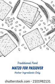 Matzo cooking and ingredients for matzo, sketch illustration. Middle eastern cuisine frame. Traditional passover food, design elements. Hand drawn, menu and package design. Jewish food.