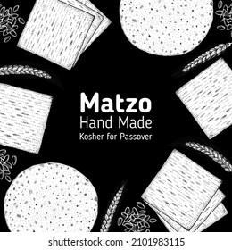 Matzo cooking and ingredients for matzo, sketch illustration. Middle eastern cuisine frame. Traditional passover food, design elements. Hand drawn, menu and package design. Jewish food.