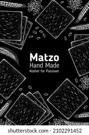 Matzo cooking and ingredients for matzo, sketch illustration. Middle eastern cuisine frame. Traditional passover food, design elements. Hand drawn, menu and package design. Jewish food.
