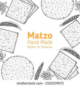 Matzo cooking and ingredients for matzo, sketch illustration. Middle eastern cuisine frame. Traditional passover food, design elements. Hand drawn, menu and package design. Jewish food.