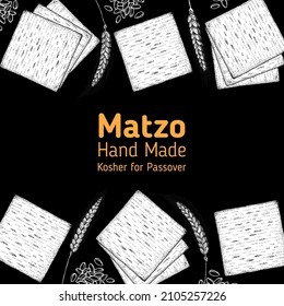 Matzo cooking and ingredients for matzo, sketch illustration. Middle eastern cuisine frame. Traditional passover food, design elements. Hand drawn, menu and package design. Jewish food.