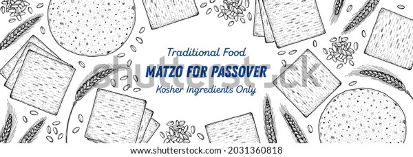 Matzo
cooking and ingredients for matzo, sketch illustration. Middle
eastern cuisine frame. Traditional passover food, design elements.
Hand drawn, menu and package design. Jewish
food.