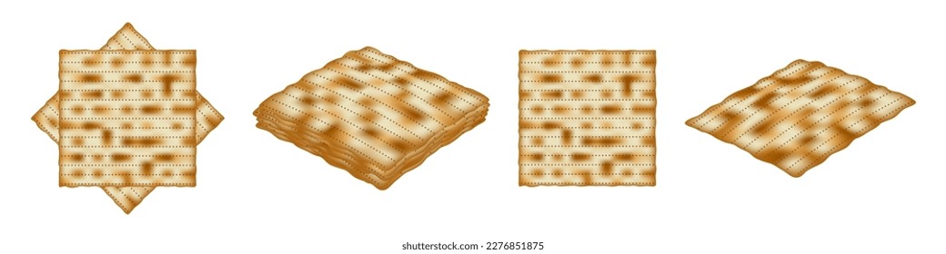 Matzo for Passover, isolated on white in different positions. Matzoh, unleavened bread is a symbol of the Jewish holiday Pesach. Vector illustration.