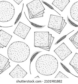 Matzo seamless pattern. Vector illustration. Black and white. Hand drawn sketch, menu and package design. Jewish food