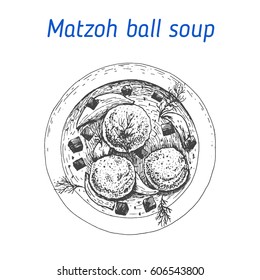 Matzon ball soup vector illustration. Hand drawn image. Jewish food