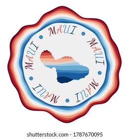 Maui badge. Map of the island with beautiful geometric waves and vibrant red blue frame. Vivid round Maui logo. Vector illustration.