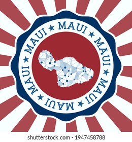 Maui Badge. Round logo of island with triangular mesh map and radial rays. EPS10 Vector.
