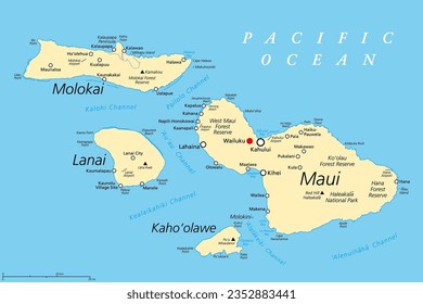 Maui County in the U.S. state Hawaii, political map, with Wailuku as seat. Consisting of the islands of Maui, Lanai, Molokai, Kahoolawe and Molokini. With Kalawao County on the north coast of Molokai.