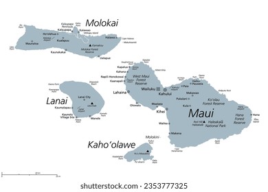 Maui County im US-Bundesstaat Hawaii, graue politische Karte mit Wailuku als Sitz. Besteht aus den Inseln Maui, Lanai, Molokai, Kahoolawe und Molokini. Mit Kalawao County an der Nordküste von Molokai.