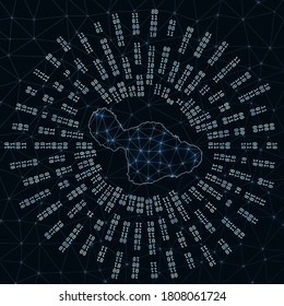 Maui digital map. Binary rays radiating around glowing island. Internet connections and data exchange design. Vector illustration.