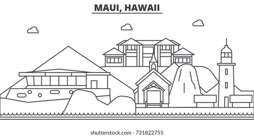 Maui, Hawaii architecture line skyline illustration. Linear vector cityscape with famous landmarks, city sights, design icons. Landscape wtih editable strokes