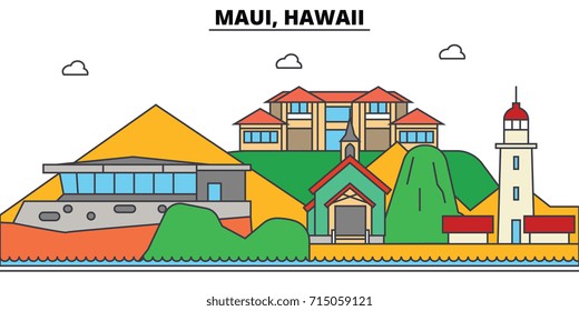 Maui, Hawaii. City skyline, architecture, buildings, streets, silhouette, landscape, panorama, landmarks, icons. Editable strokes. Flat design line vector illustration concept