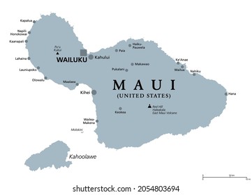 Maui, Hawaii, gray political map with capital Wailuku. Part of Hawaiian Islands and Hawaii, a state of the United States in North Pacific Ocean. With unpopulated island Kahoolawe. Illustration. Vector