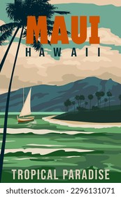 Maui Hawaii vintage travel poster. Tropical island, beach, palms,