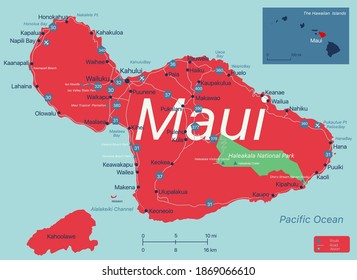 Maui island detailed editable map with with cities and towns, geographic sites, roads, interstates and U.S. highways. Vector EPS-10 file, trending color scheme