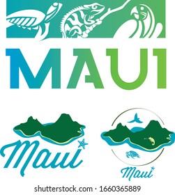 Maui island in Hawaii with macaw, turtle, chameleon, sea and hill.