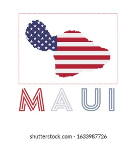 Maui logo featuring a map of Maui with the island name and a flag. Appealing vector illustration.
