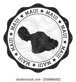 Maui outdoor stamp. Round sticker with map of island with topographic isolines. Vector illustration. Can be used as insignia, logotype, label, sticker or badge of the Maui.