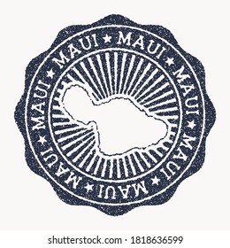 Timbre de Maui. Timbre en caoutchouc de voyage avec le nom et la carte de l'île, illustration vectorielle. Peut être utilisé comme insigne, logotype, étiquette, autocollant ou badge du Maui.
