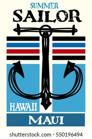 maui summer sailor, t-shirt print poster vector illustration