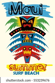 maui summer surf beach,cartoon tikis, t-shirt print poster vector illustration