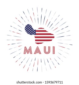 Maui sunburst badge. The island sign with map of Maui with American flag. Colorful rays around the logo. Vector illustration.