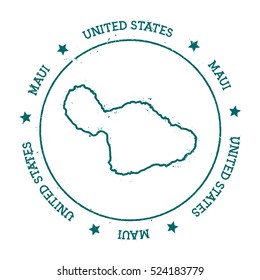 Maui vector map. Retro vintage insignia with island map. Distressed travel stamp with Maui text wrapped around a circle and stars. Maui map vector illustration.