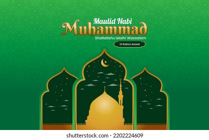 Maulid Nabi Muhammad of text Indonesia. Mawlid al nabi banner