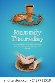 Maundy Thursday, Good or Holy Thursday with bread and wine and washing of the feet vector illustration