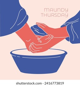 Maundy Thursday, Good or Holy Thursday color vector illustration with washing of the feet in minimalist style