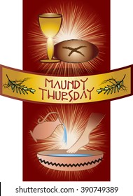 Maundy Thursday, Good or Holy Thursday color vector illustration with washing of the feet and the Eucharist.