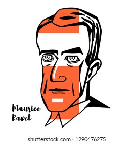 Maurice Ravel engraved vector portrait with ink contours. French composer, pianist and conductor. He is often associated with impressionism.