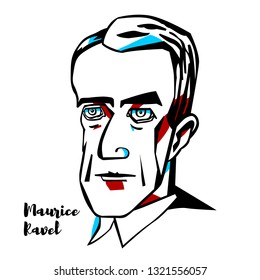 Maurice Ravel engraved vector portrait with ink contours. French composer, pianist and conductor.