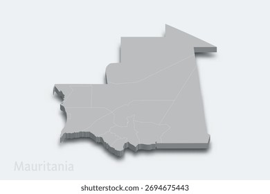 Mapa isométrico 3D de Mauritania con regiones fronterizas