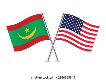 Mauritania and America crossed flags. Mauritanian and American flags are isolated on white background. Vector icon set. Vector illustration.