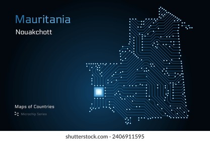 Mauritania Blue Map with a capital of Nouakchott Shown in a Microchip Pattern. E-government. World Countries vector maps. Microchip Series	
