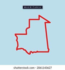 Mauritania bold outline map. Glossy red border with soft shadow. Country name plate. Vector illustration.