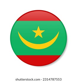 Mauritania circle button icon. Mauritanian round badge flag with shadow. 3D realistic vector illustration isolated on white.