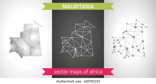 Mauritania collection of vector design modern maps, gray and black and silver dot contour mosaic 3d map