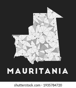 Mauritania - communication network map of country. Mauritania trendy geometric design on dark background. Technology, internet, network, telecommunication concept. Vector illustration.