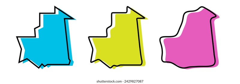 Mauritania country black outline and colored country silhouettes in three different levels of smoothness. Simplified maps. Vector icons isolated on white background.