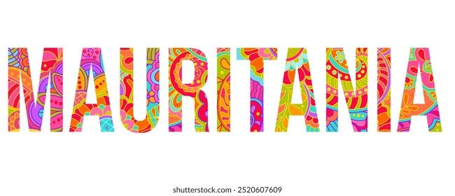 Mauritania country creative text design filled with colorful doodle pattern	