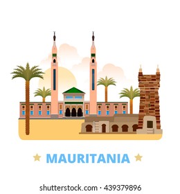 Mauritania country design template. Flat cartoon style historic sight showplace web site vector illustration. World vacation travel sightseeing Africa African collection. Chinguetti Saudi Mosque.