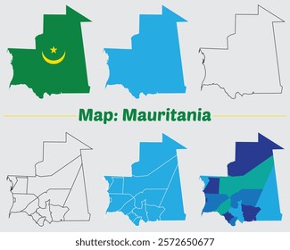 Mauritania country map set. internal provinces borders marked, Simple map of Mauritania vector drawing, Filled and outline.