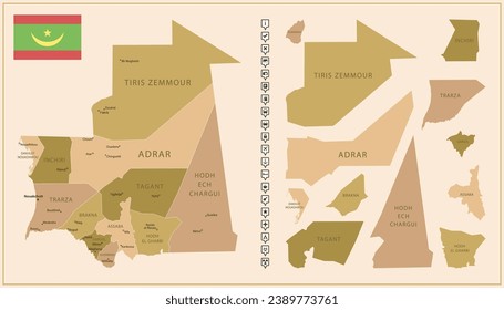 Mauritania - detailed map of the country in brown colors, divided into regions. Vector illustration