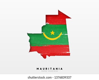 Mauritania detailed map with flag of country. Painted in watercolor paint colors in the national flag.